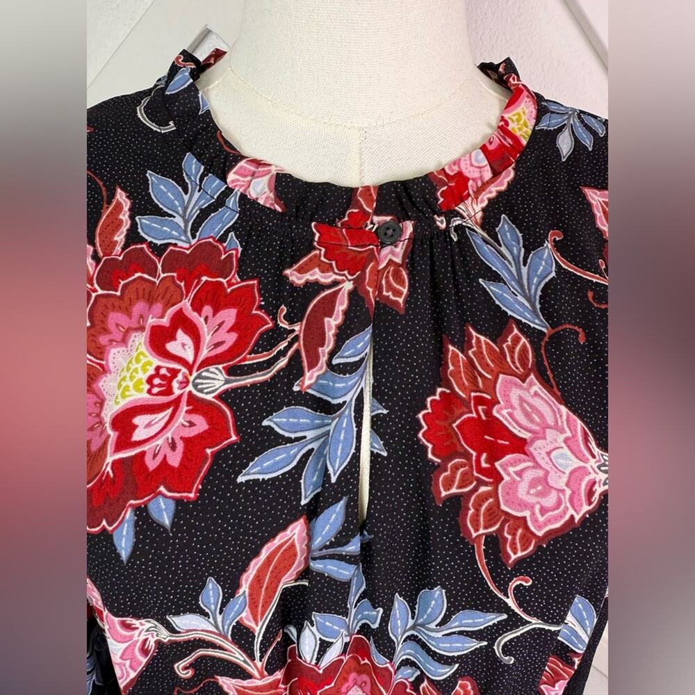 NWT LOFT Floral Smocked Waist Long Sleeve Mini Dress Black Red Blue Size 8 - Picture 2 of 9